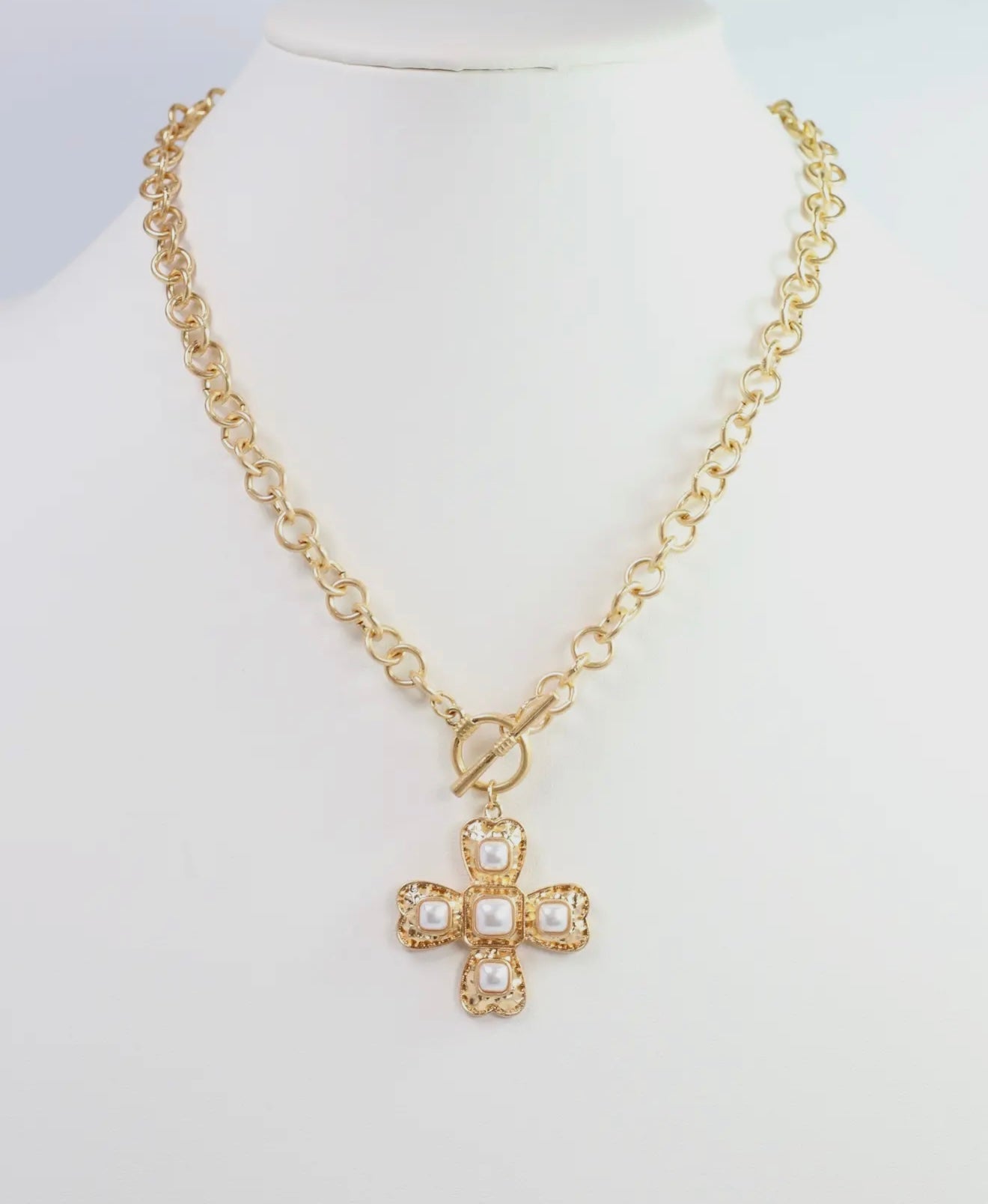 Worn Gold Pearl Cross Necklace