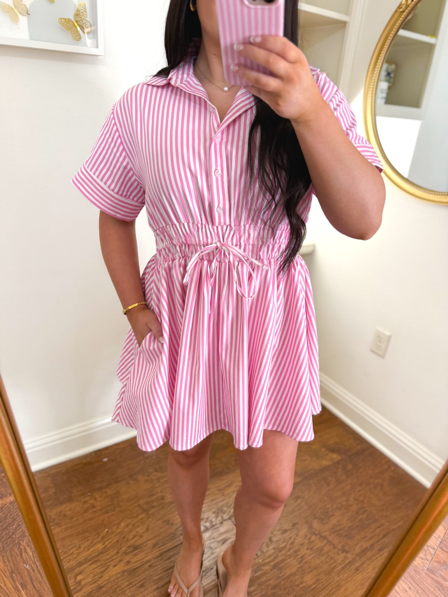 Striped Pink Elastic Waist Dress