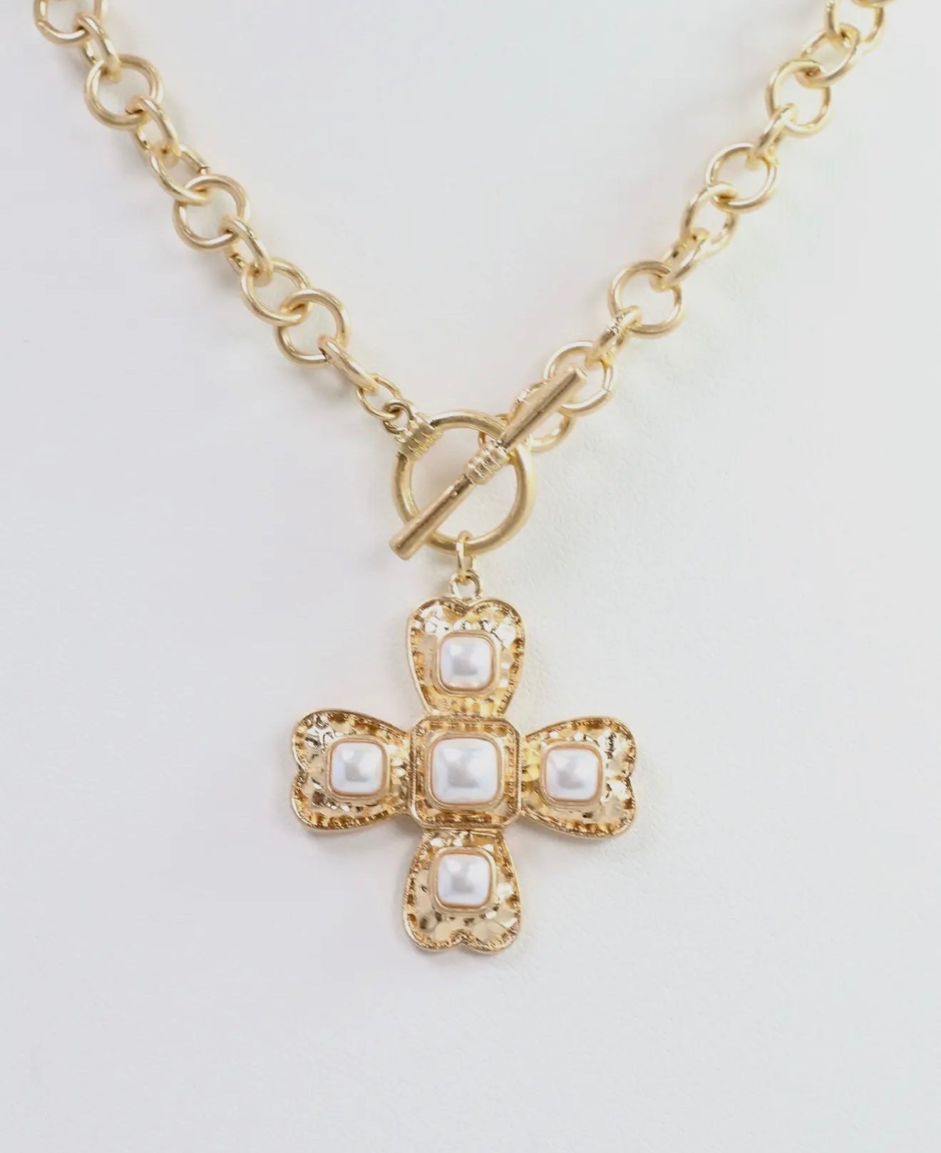 Worn Gold Pearl Cross Necklace