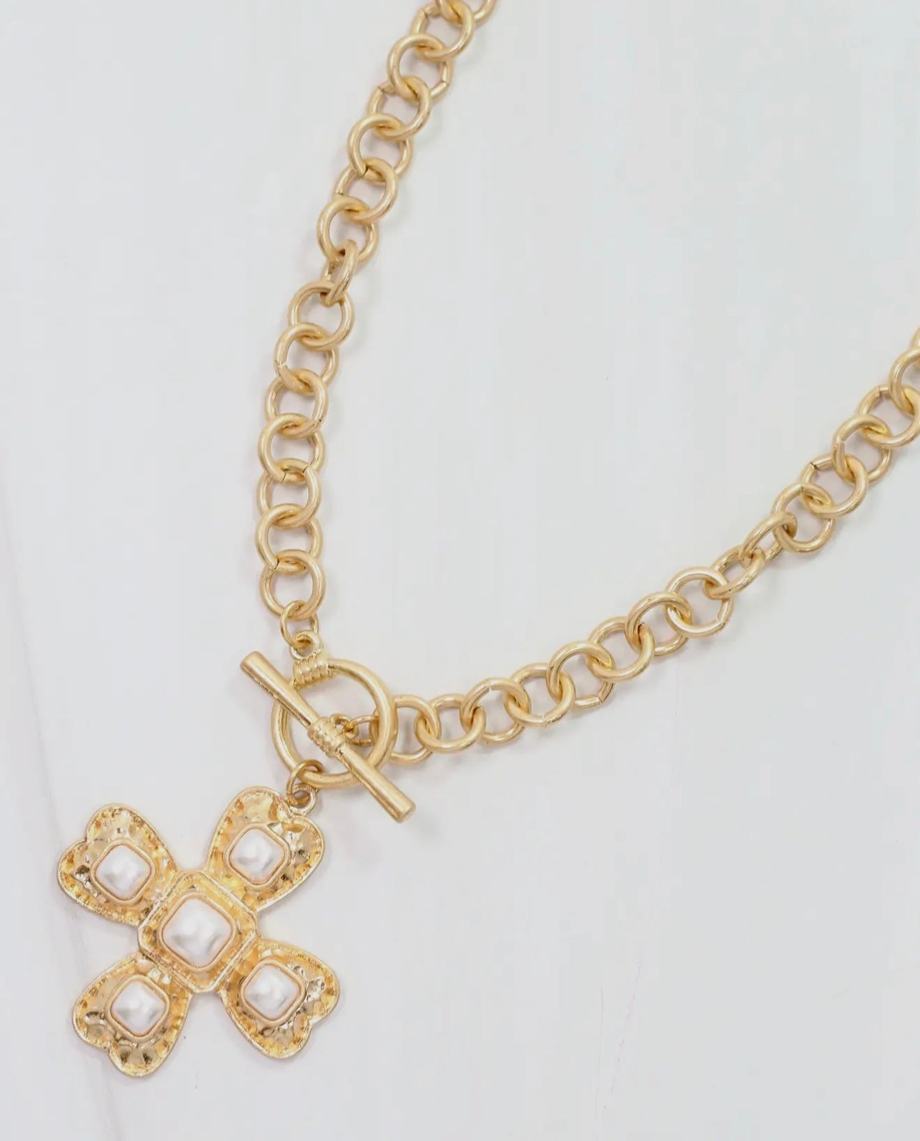 Worn Gold Pearl Cross Necklace