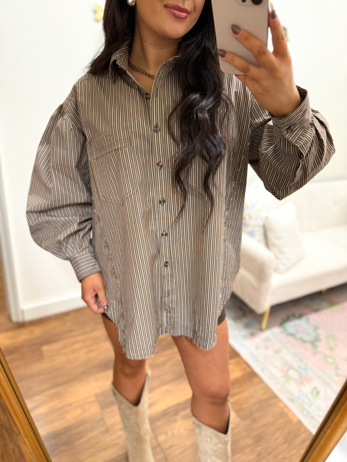 Striped Gathered Button Down Shirt