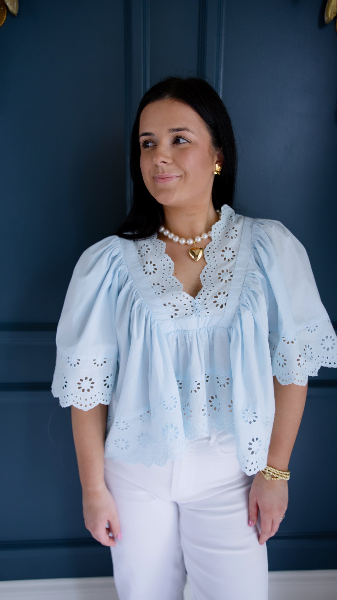Fancy Blue Eyelet Blouse