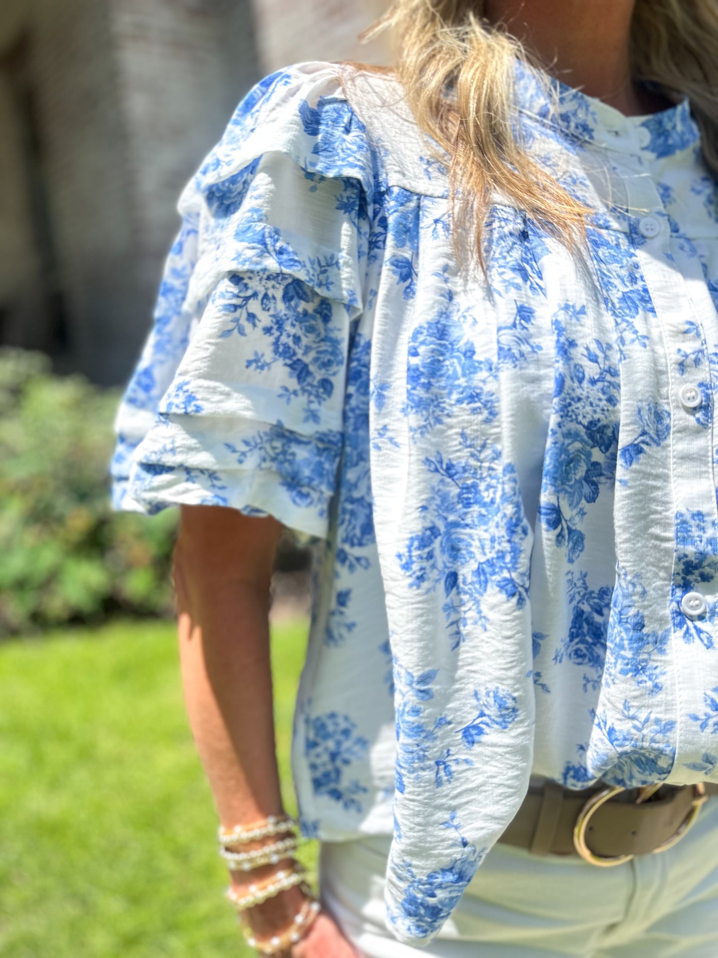 Floral Blue and White Blouse