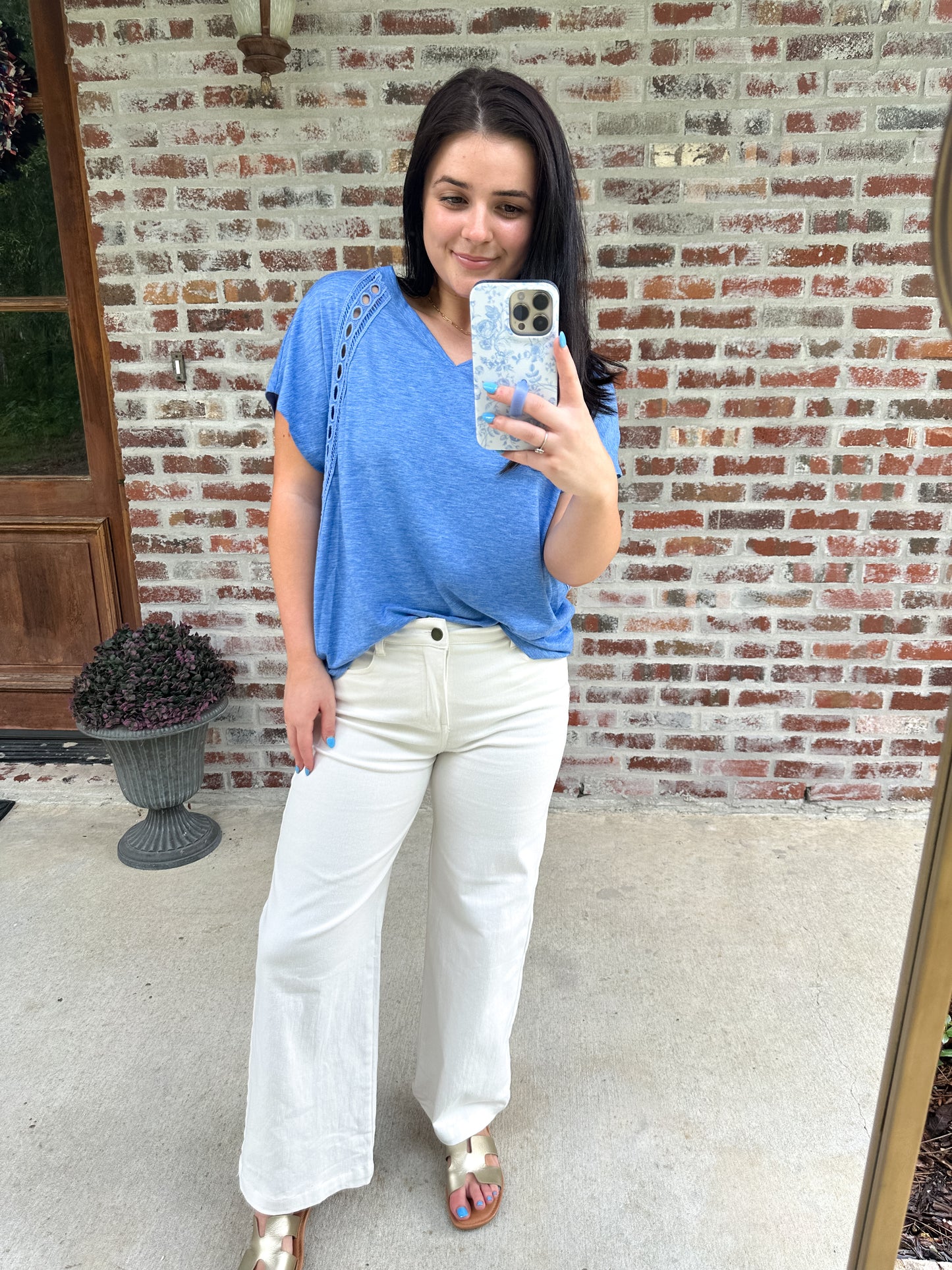 Blue V-Neck Eyelet Top