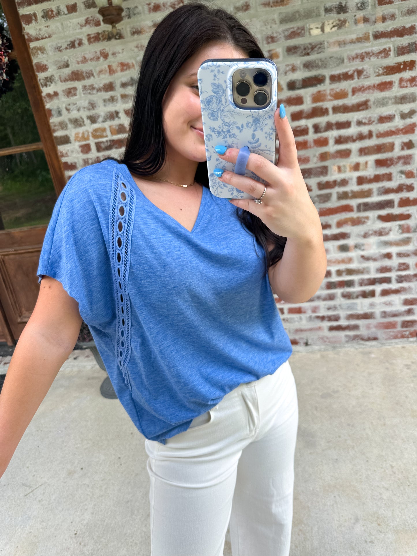 Blue V-Neck Eyelet Top