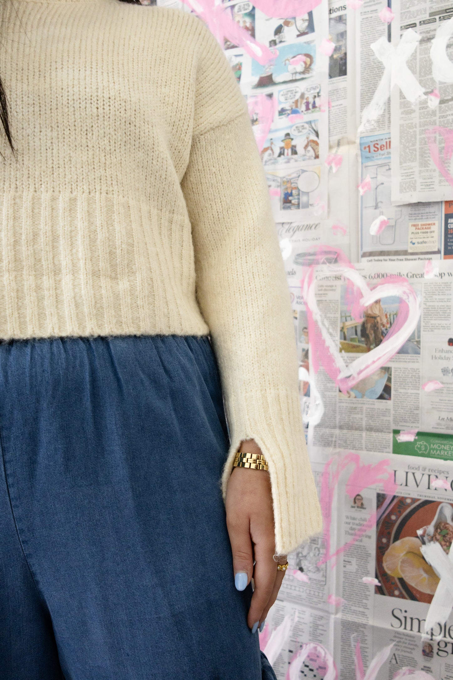 Cream Slit Sleeve Cropped Sweater