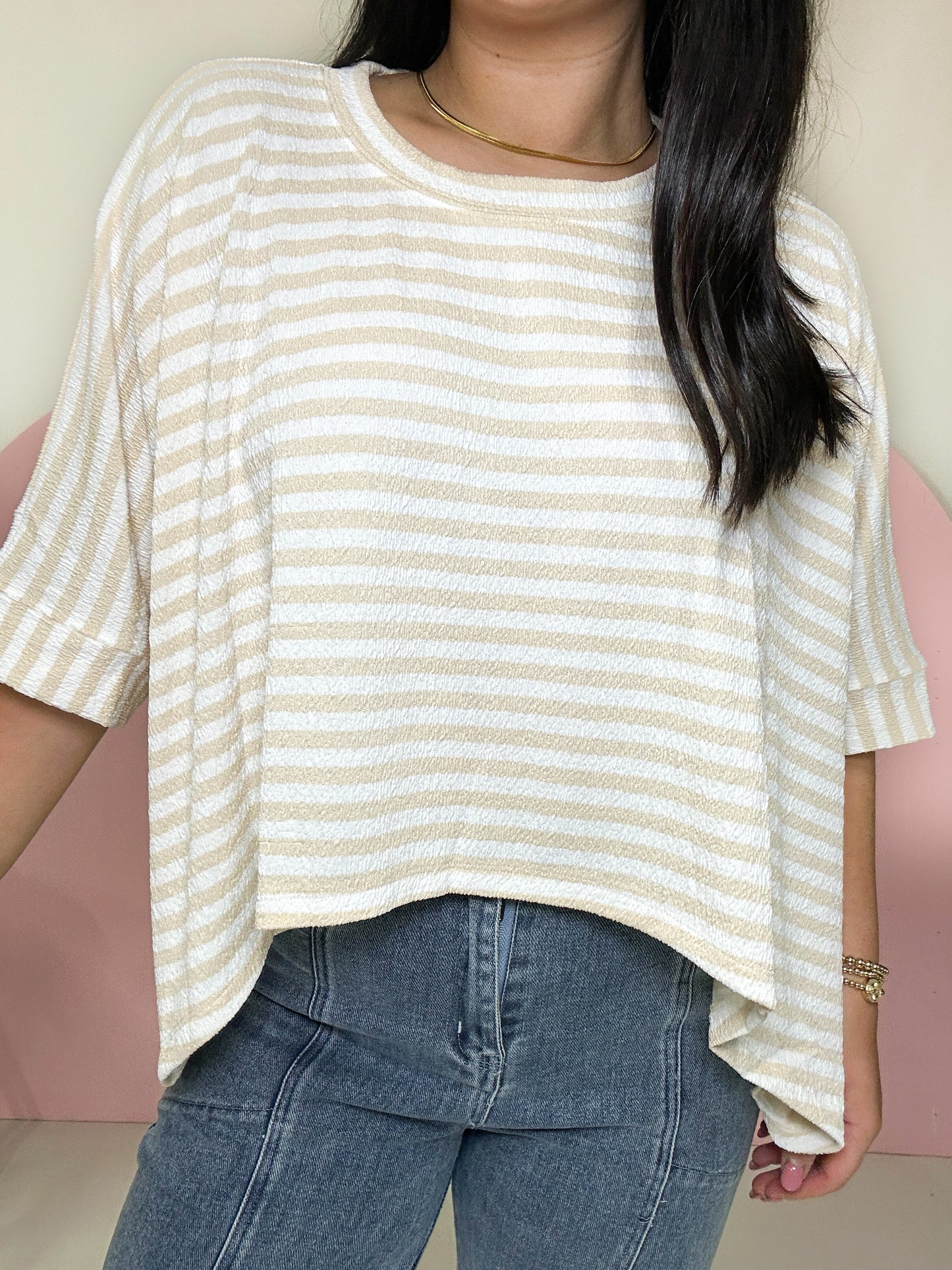 Beige & White Oversized Top