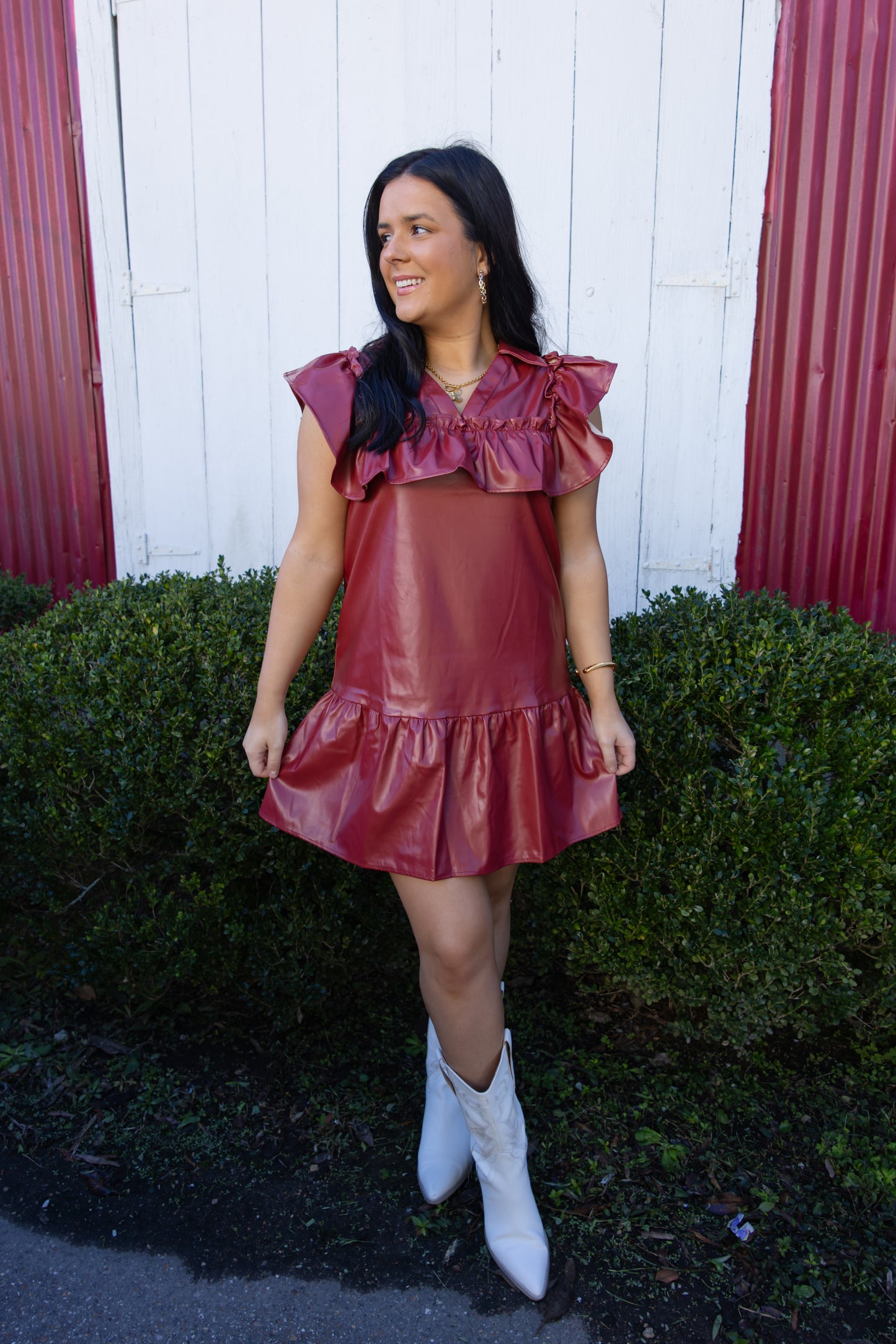 Burgundy Leather Ruffle Dress