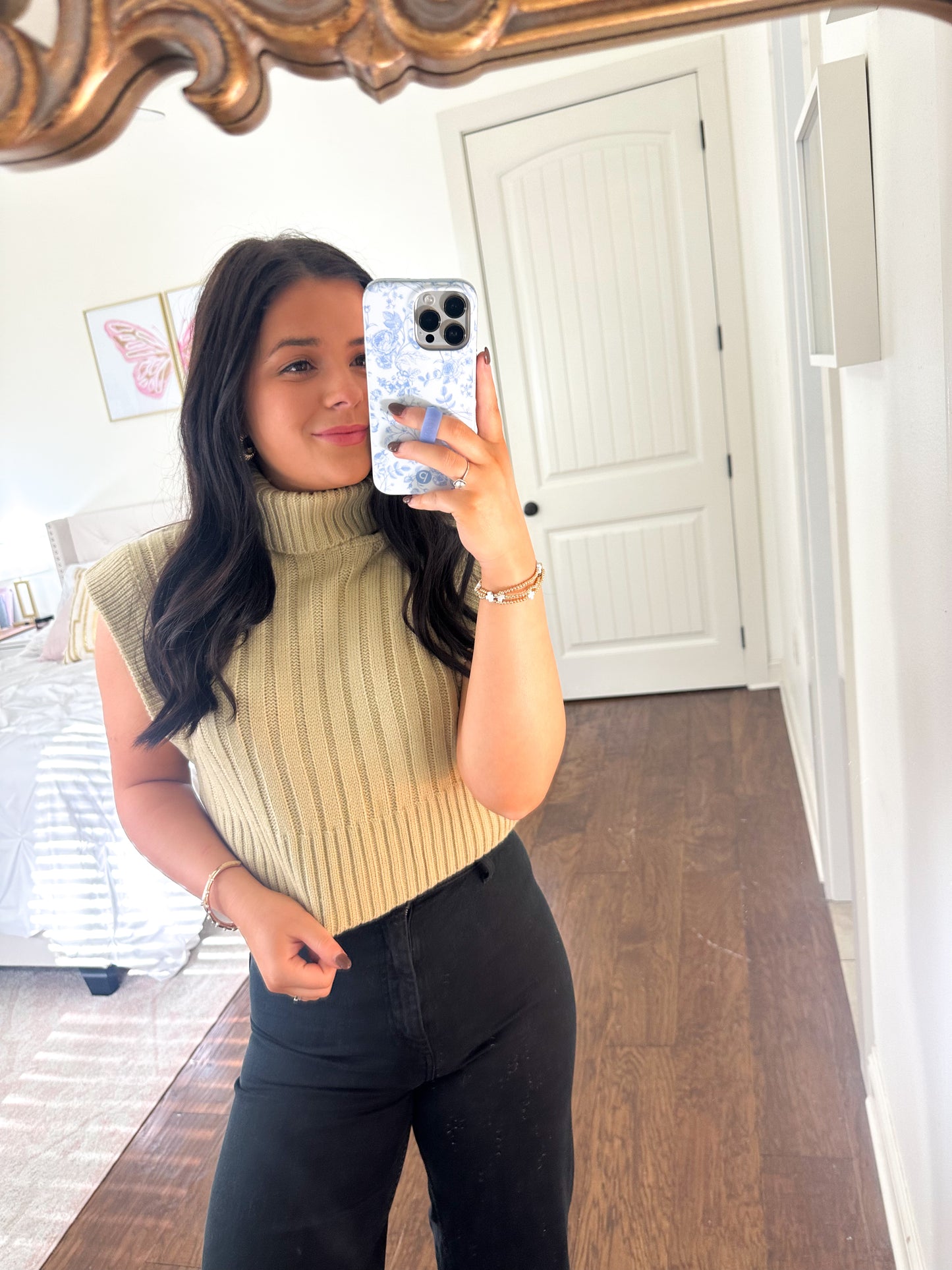 Beige Ribbed Knit Sweater Vest