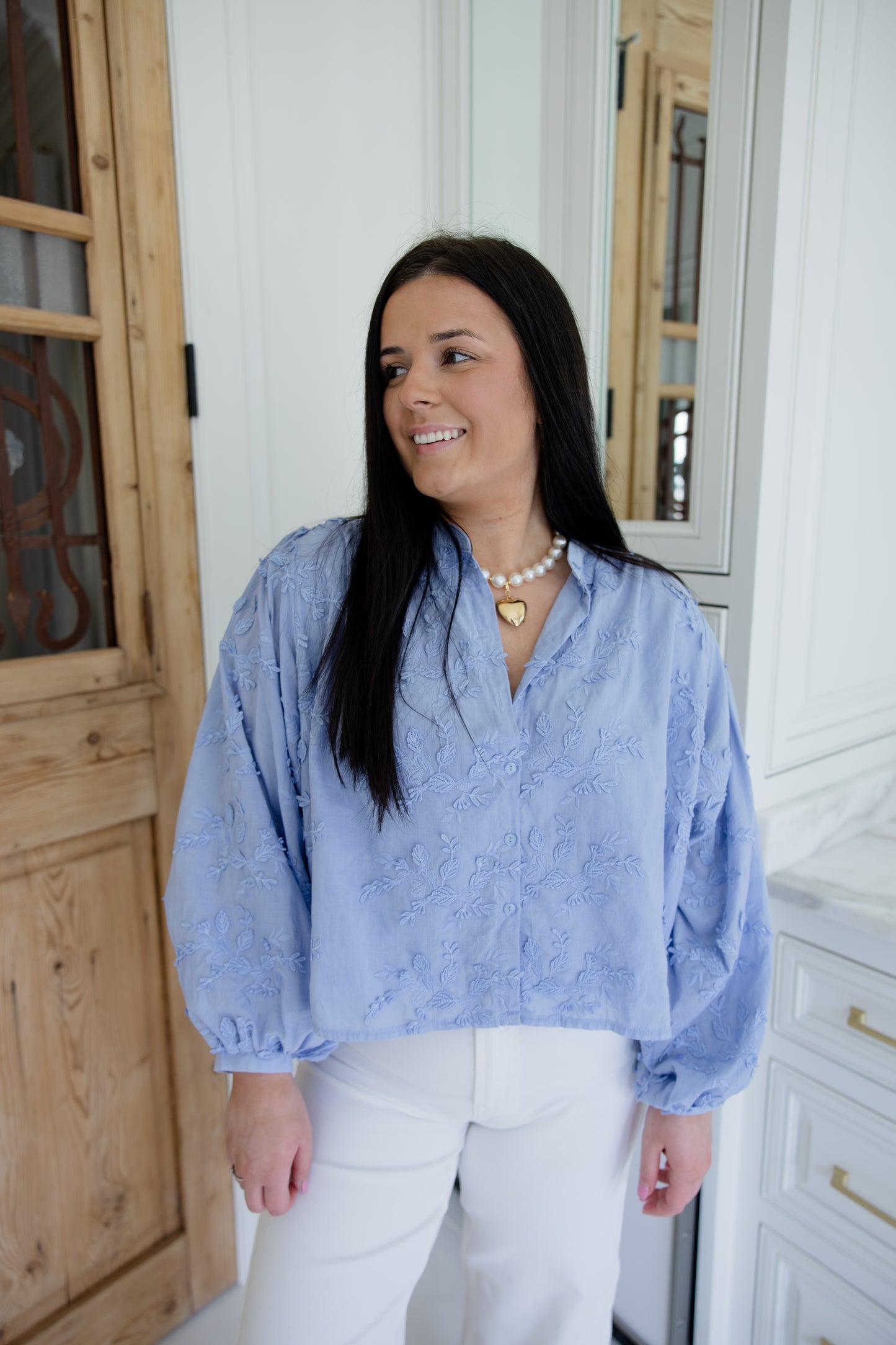 Baby Blue Floral Embroidered Blouse