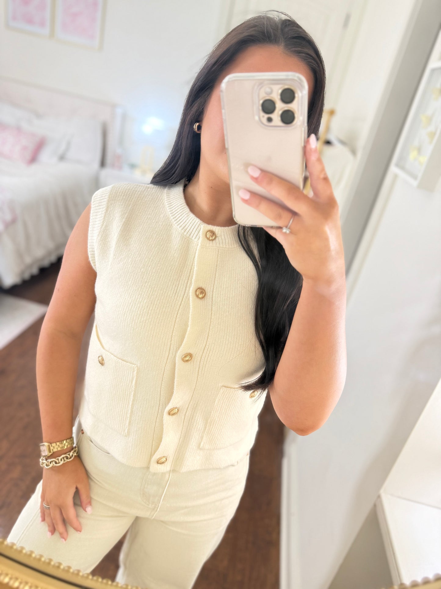 Ivory Gold Button Sweater Vest