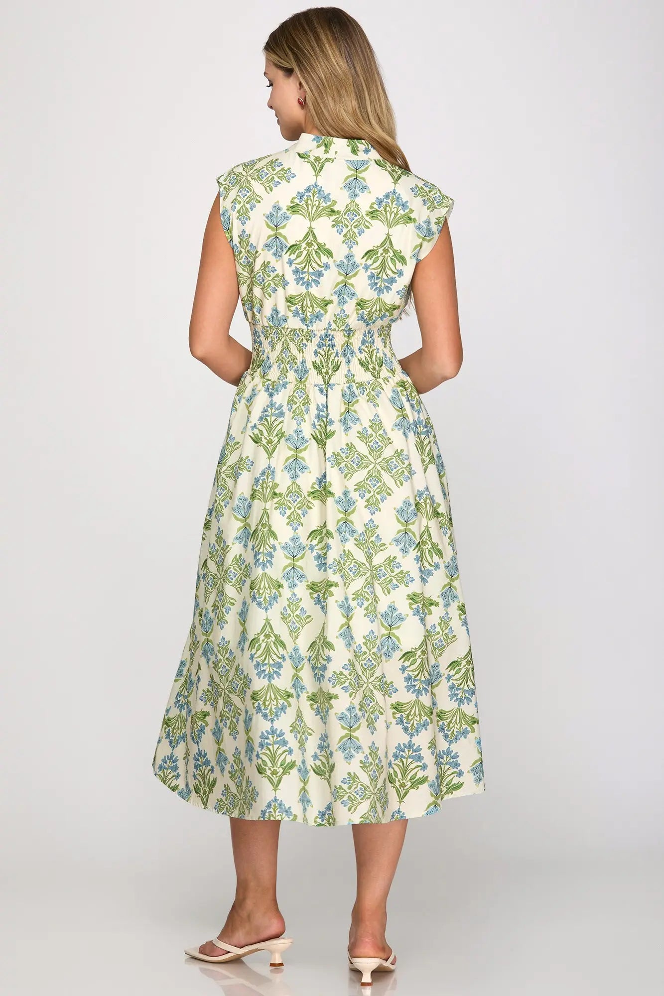 Floral Green And Blue Zipper Dress