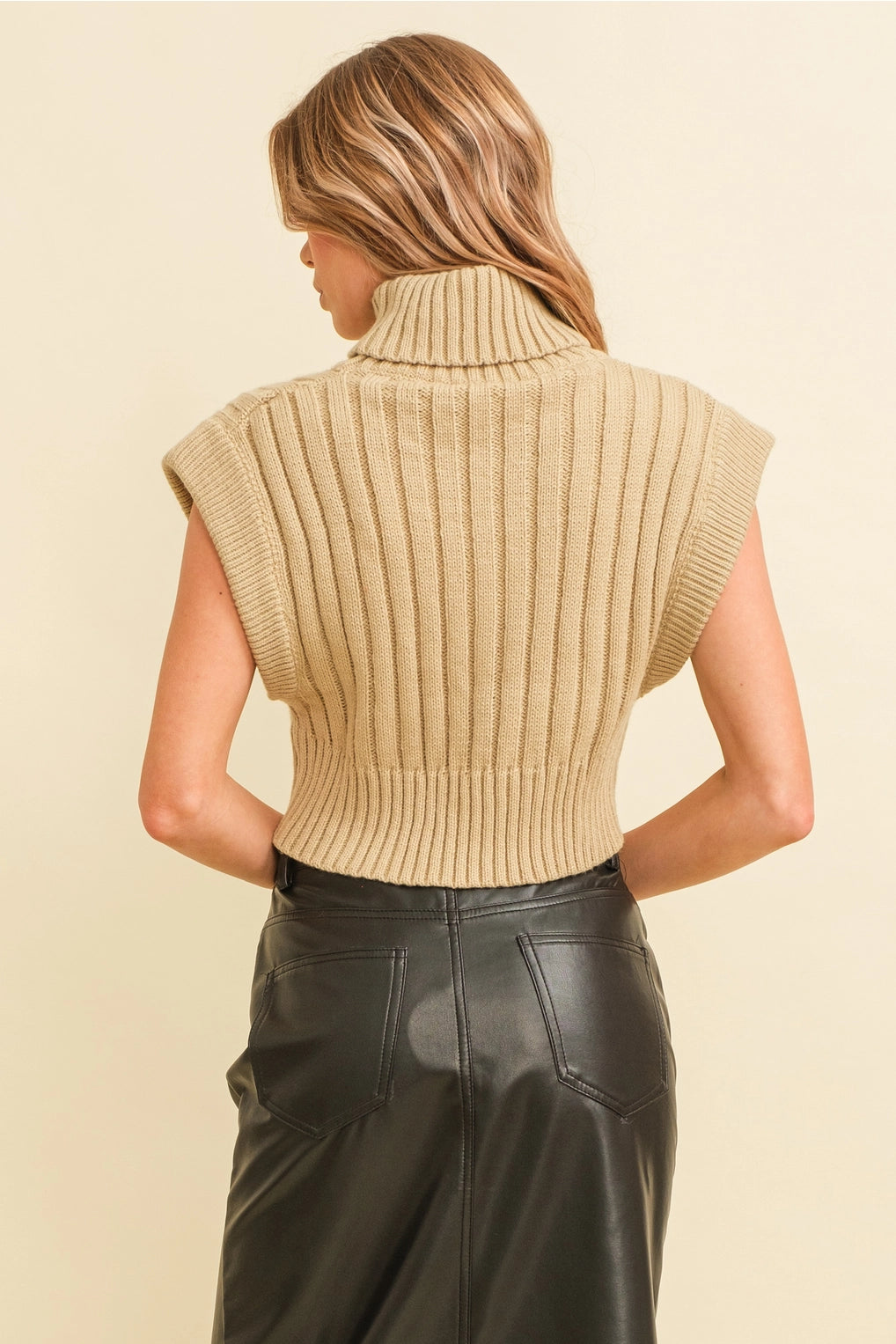 Beige Ribbed Knit Sweater Vest