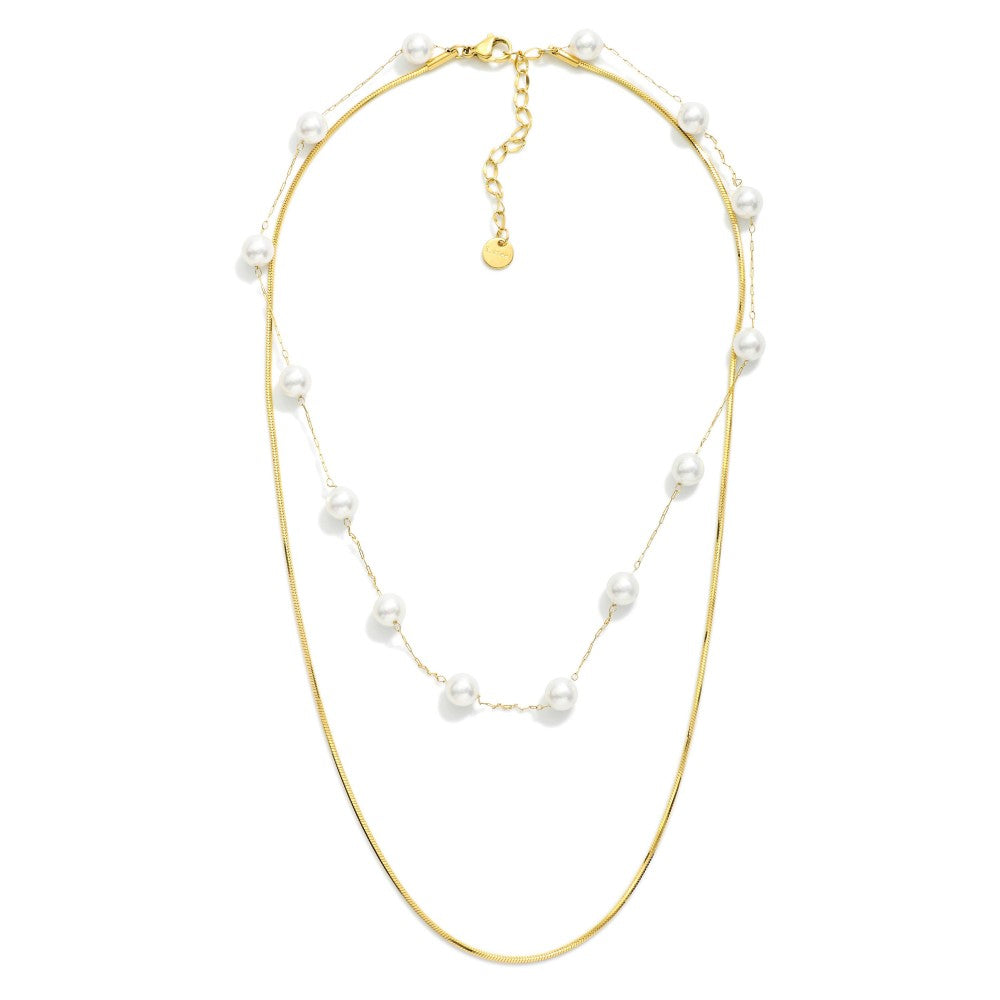 Layered Chain Link Pearl Necklace