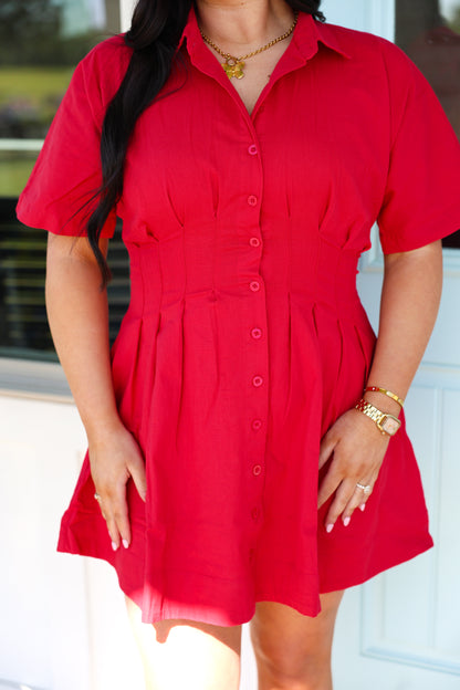 Tailored Pleated Red Dress