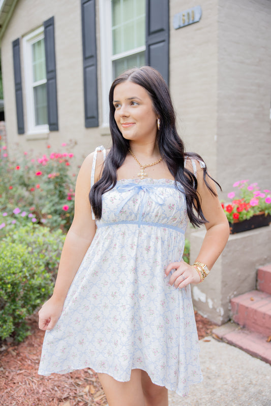 Floral Bow Pattern Mini Dress