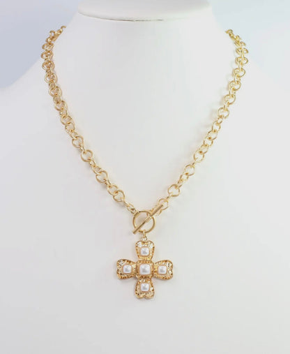 Worn Gold Pearl Cross Necklace