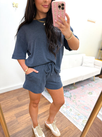 Navy Ribbed Short Set