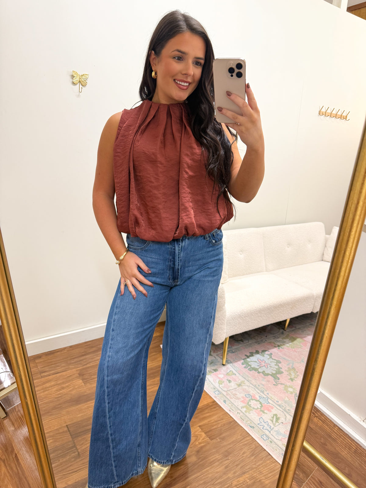 Rust Sleeveless Pleated Bubble Top