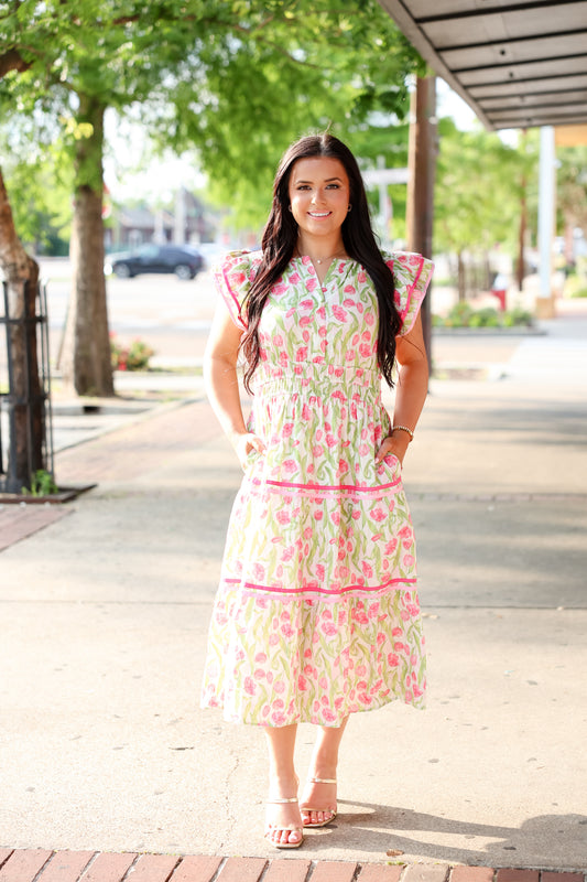 Ruffle Pink Floral Maxi Dress