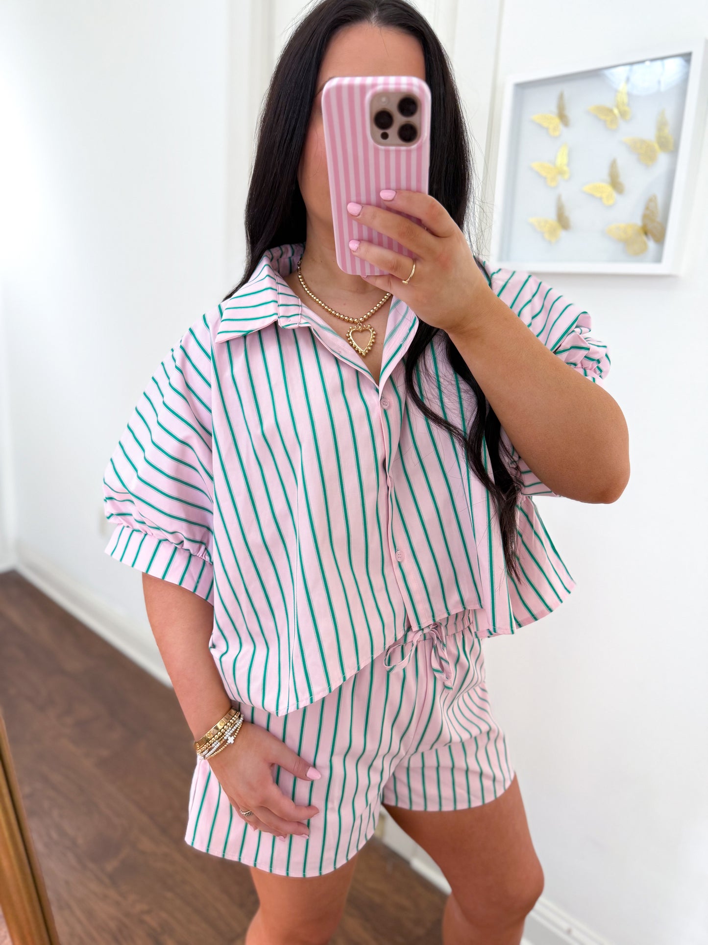 Green and Pink Striped Short Set
