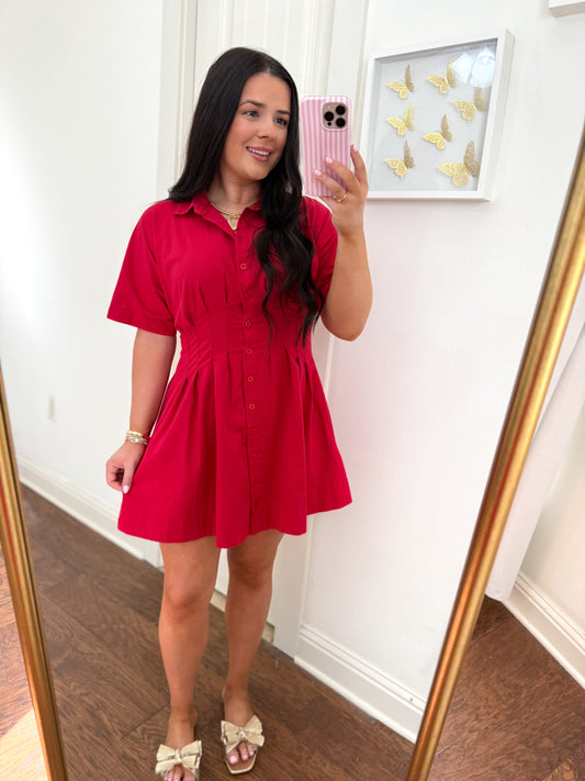 Tailored Pleated Red Dress