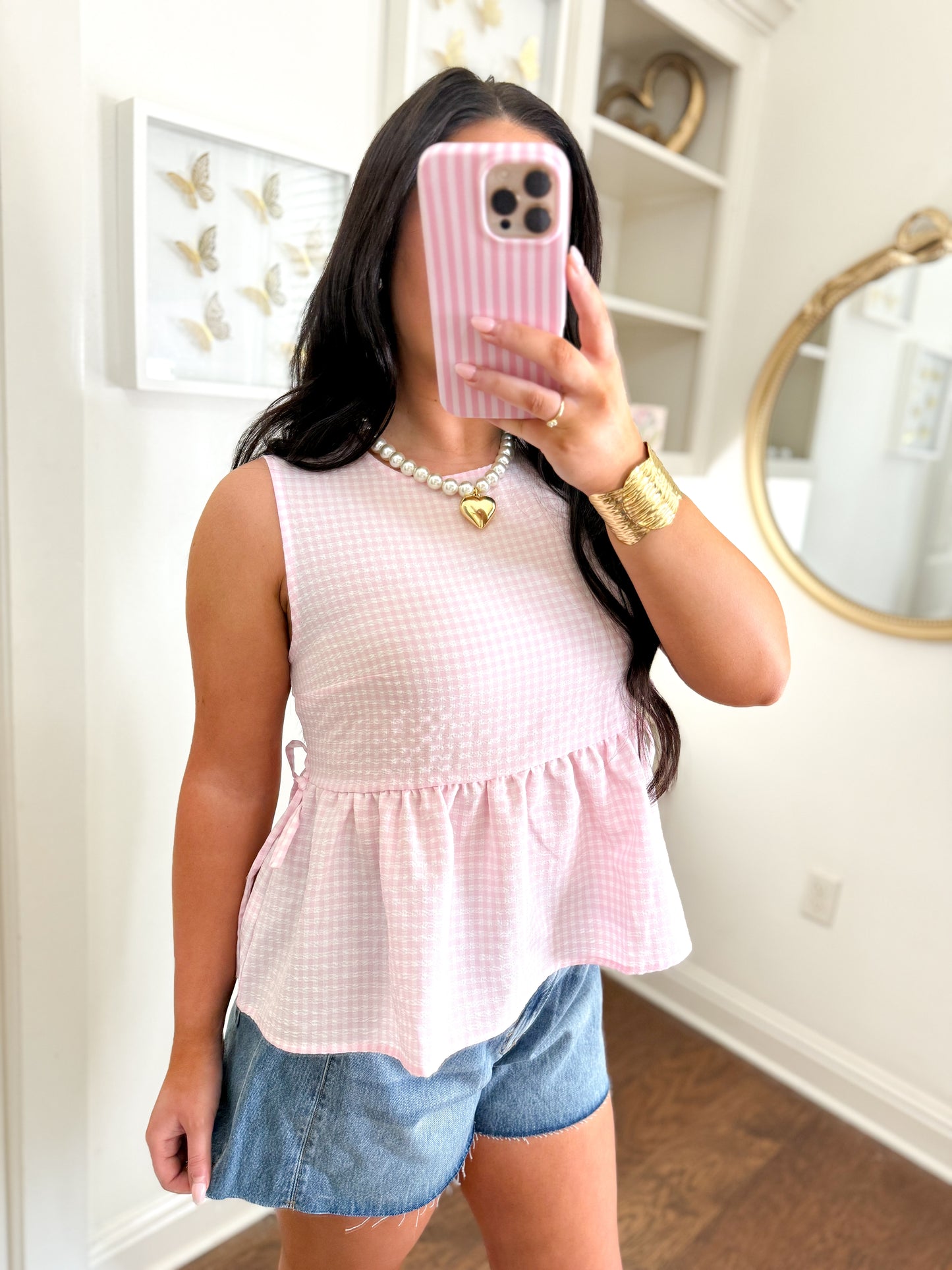 Pink Gingham Sleeveless Top