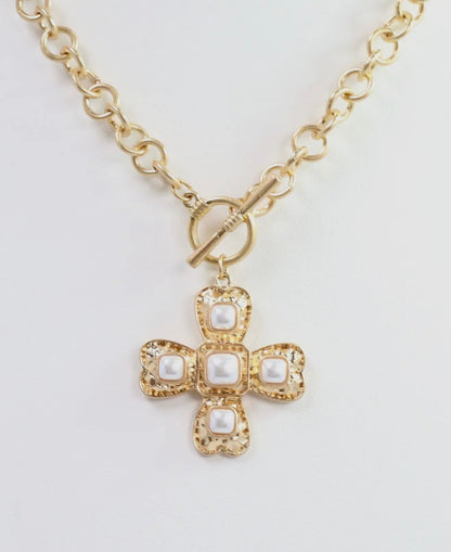 Worn Gold Pearl Cross Necklace