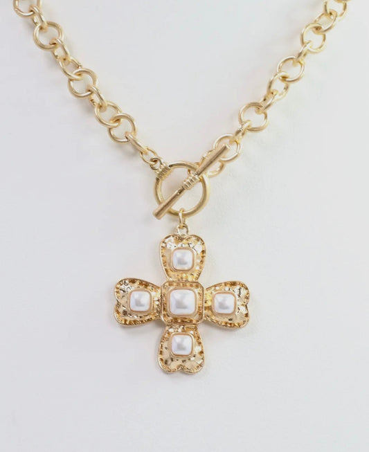 Worn Gold Pearl Cross Necklace