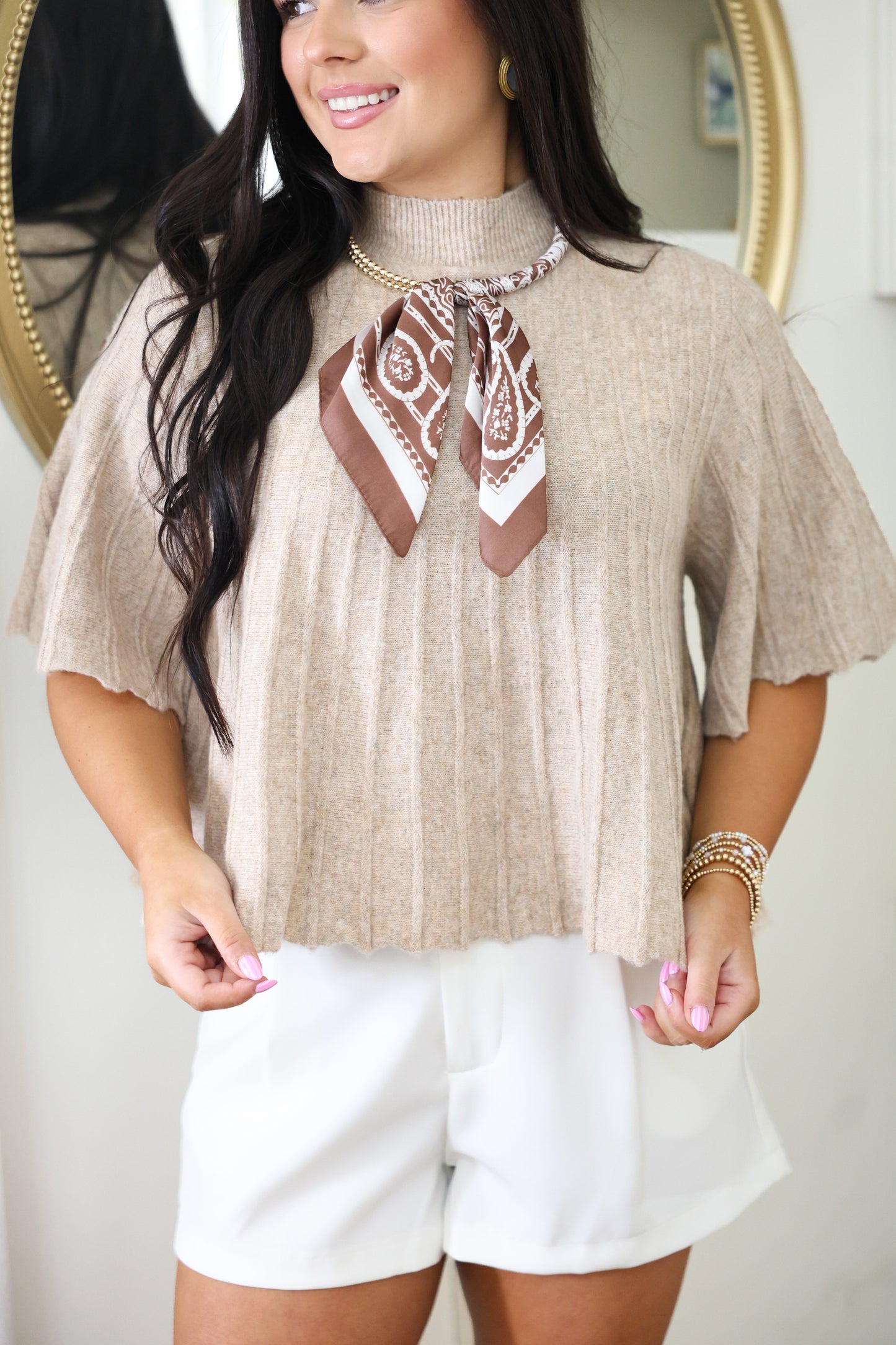 Beige Wide-Rib Knit Top