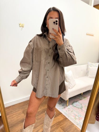 Striped Gathered Button Down Shirt
