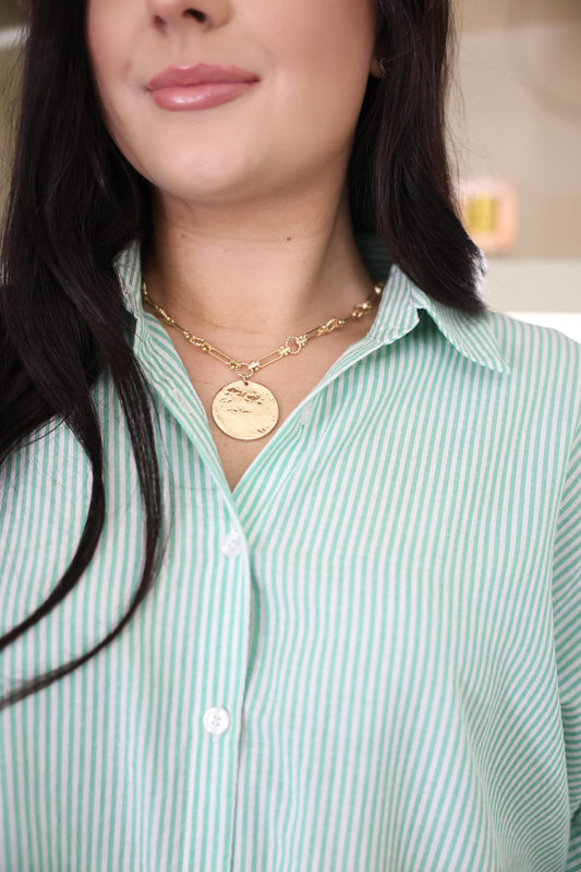 Chain Link Twisted Metal Circle & Pendant Necklace