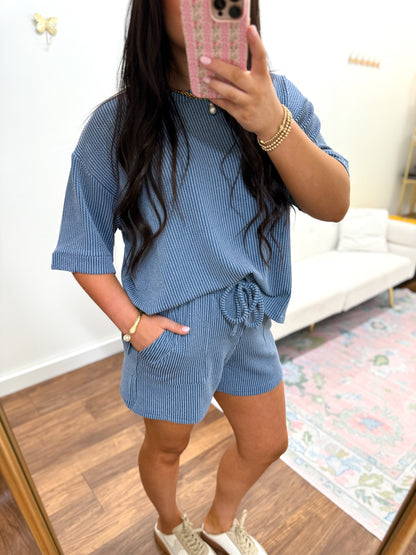 Dusty Blue Ribbed Short Set