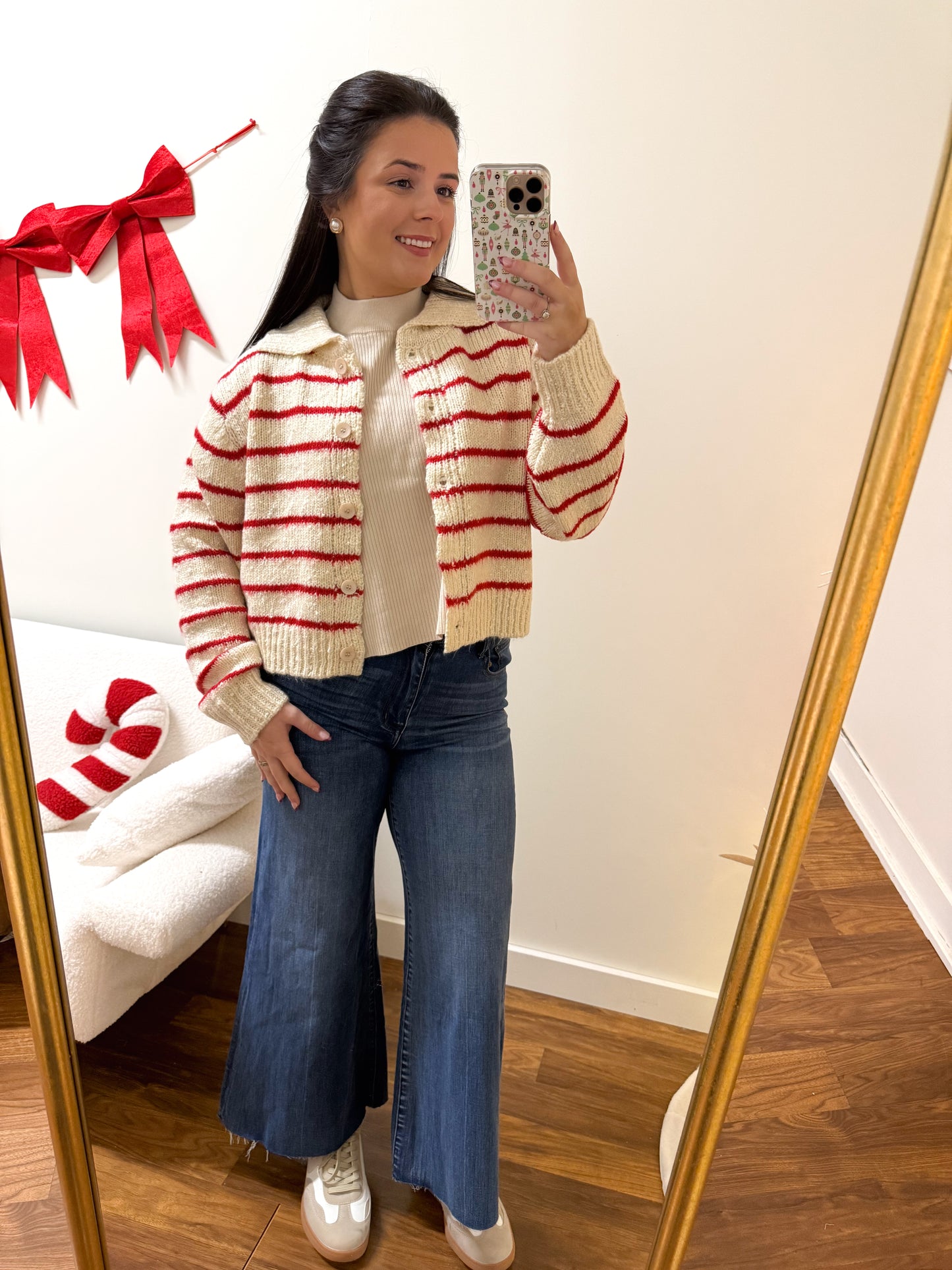 Cozy Red Striped Cardigan