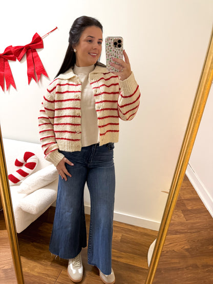 Cozy Red Striped Cardigan