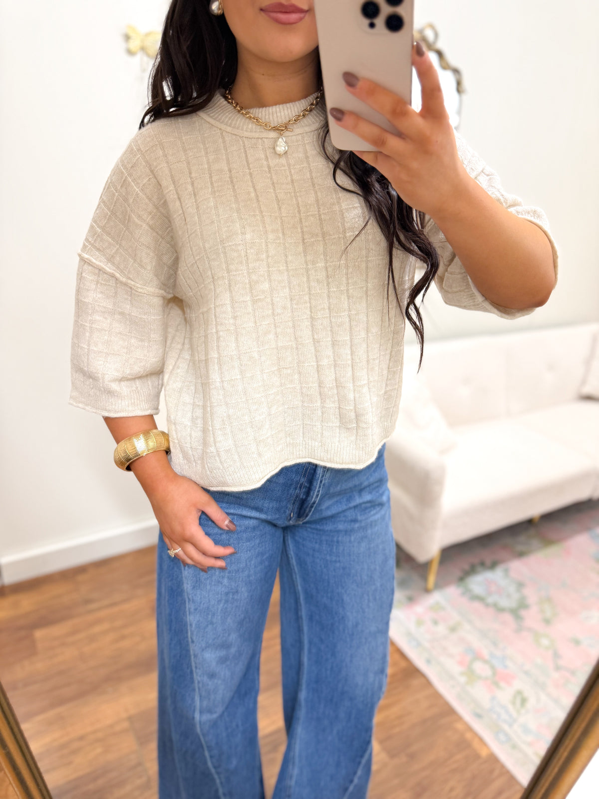 Cream Short Sleeve Sweater