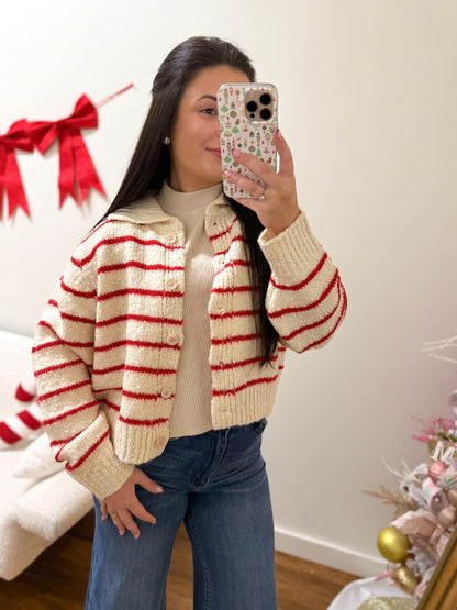 Cozy Red Striped Cardigan