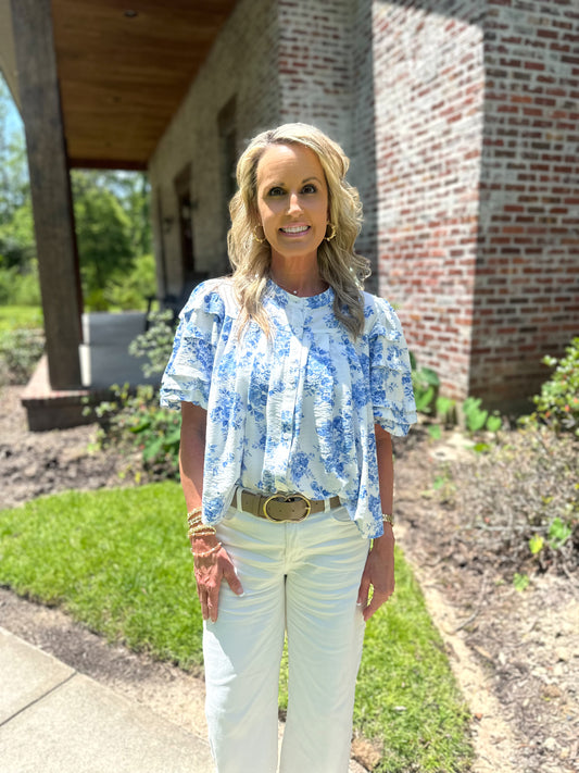 Floral Blue and White Blouse