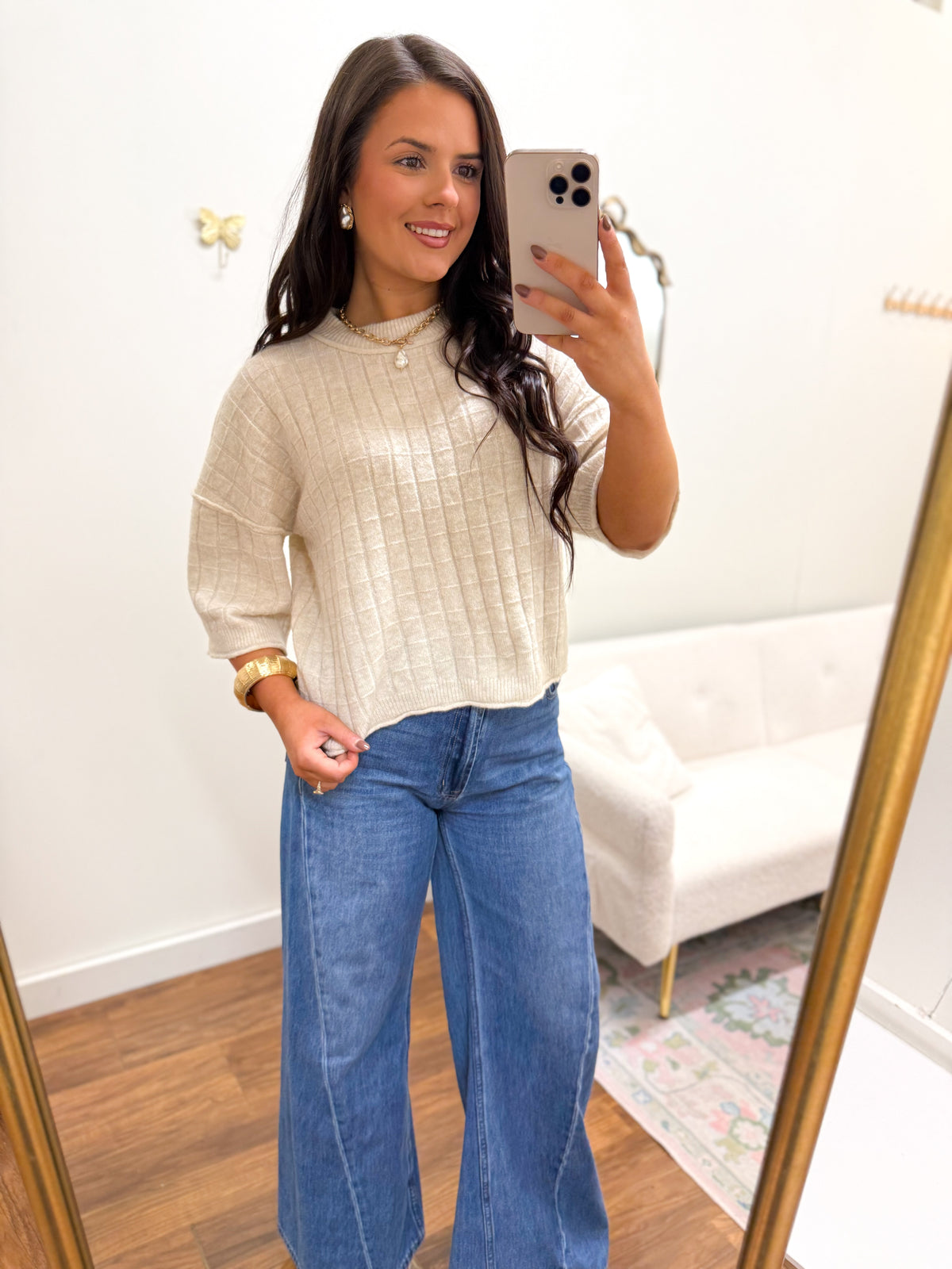 Cream Short Sleeve Sweater