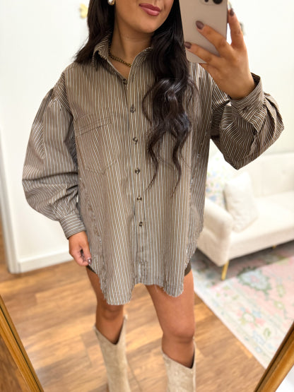 Striped Gathered Button Down Shirt