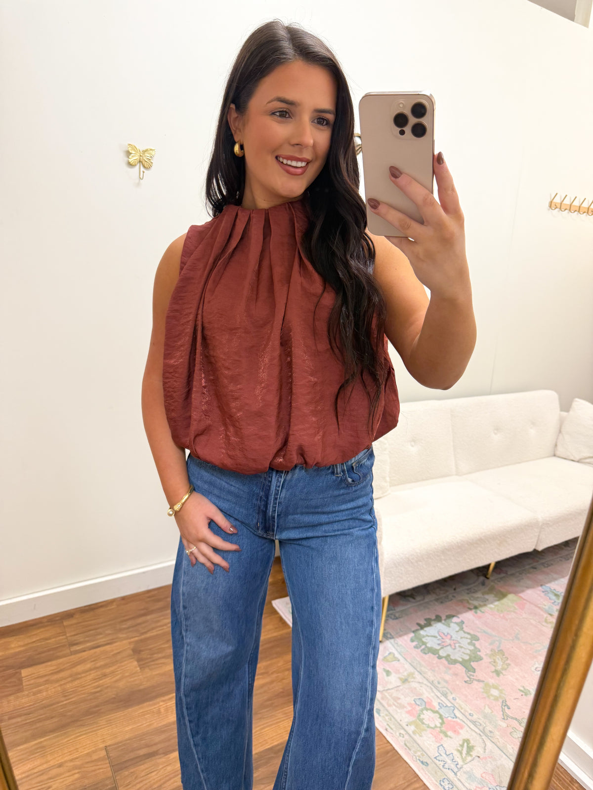 Rust Sleeveless Pleated Bubble Top