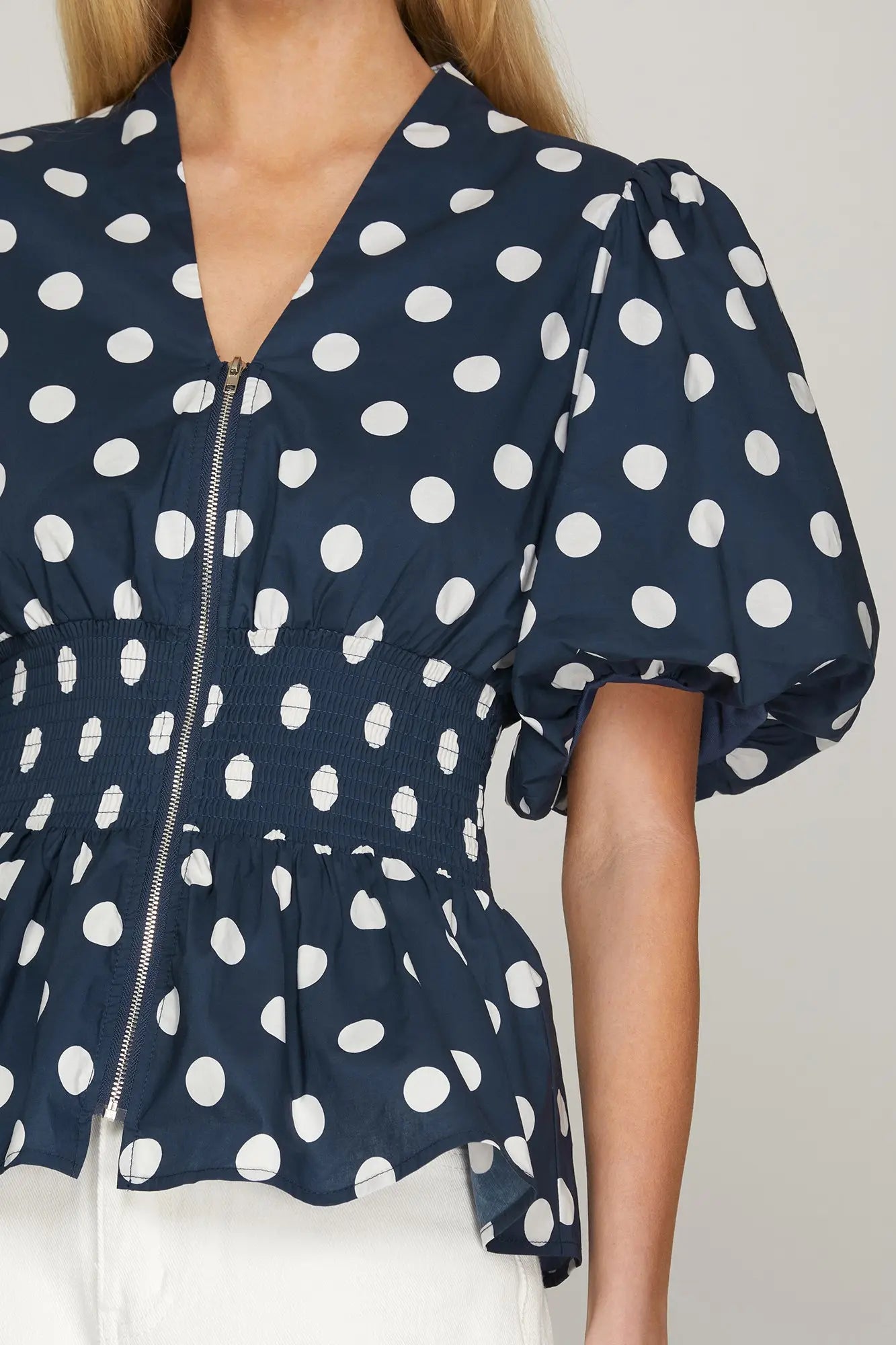 Navy Polka Dot Smocked Top