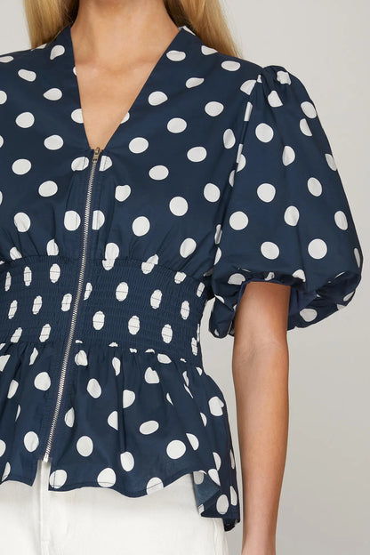 Navy Polka Dot Smocked Top