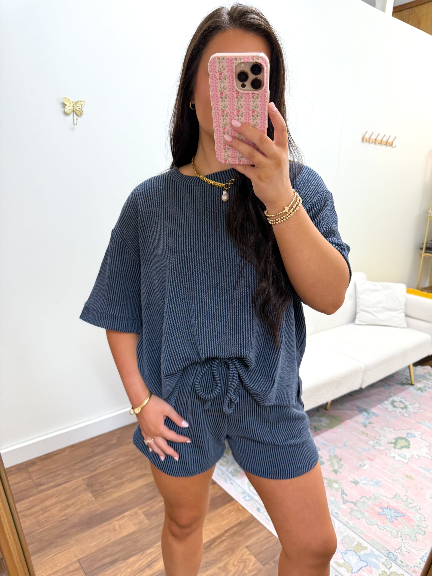 Navy Ribbed Short Set