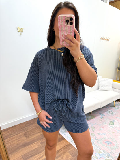 Navy Ribbed Short Set