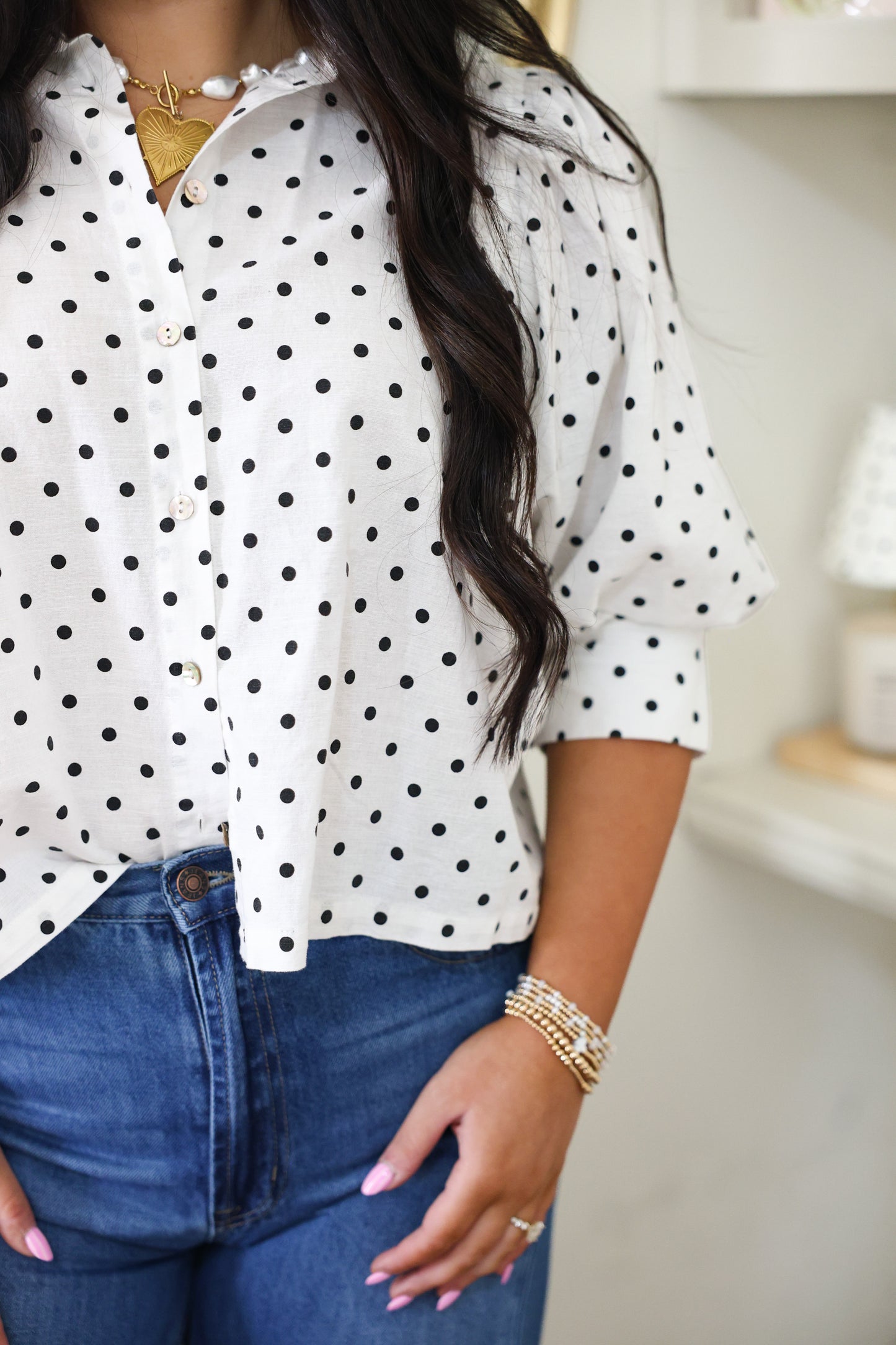 Polka Dot Bubble Sleeve Top