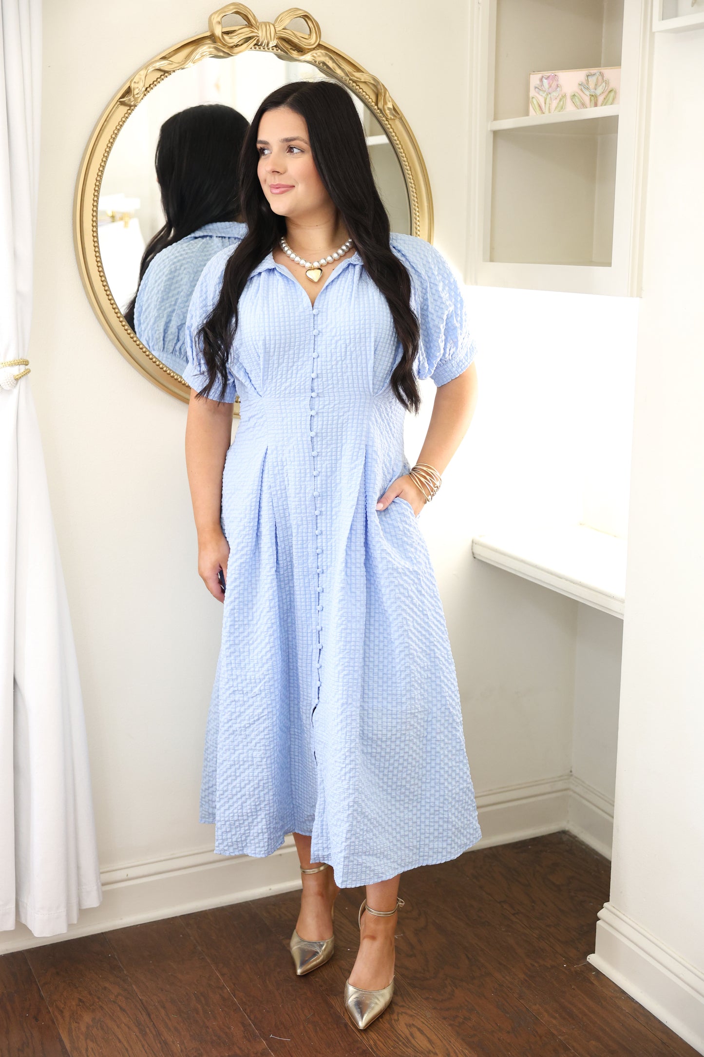 Blue Seersucker Button Dress