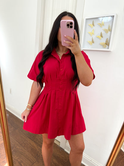 Tailored Pleated Red Dress