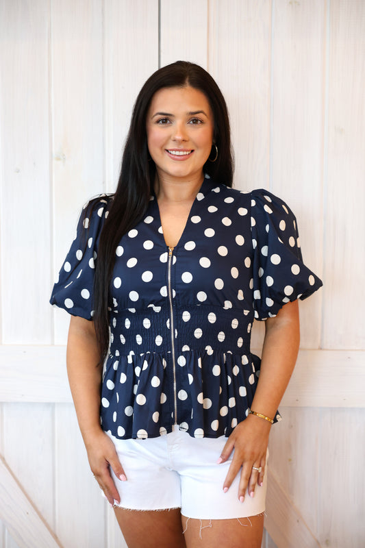 Navy Polka Dot Smocked Top