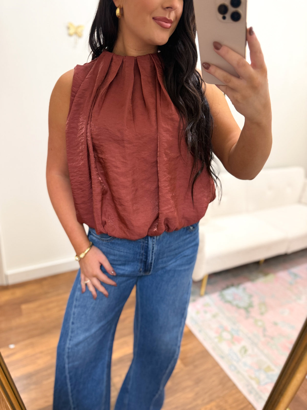 Rust Sleeveless Pleated Bubble Top